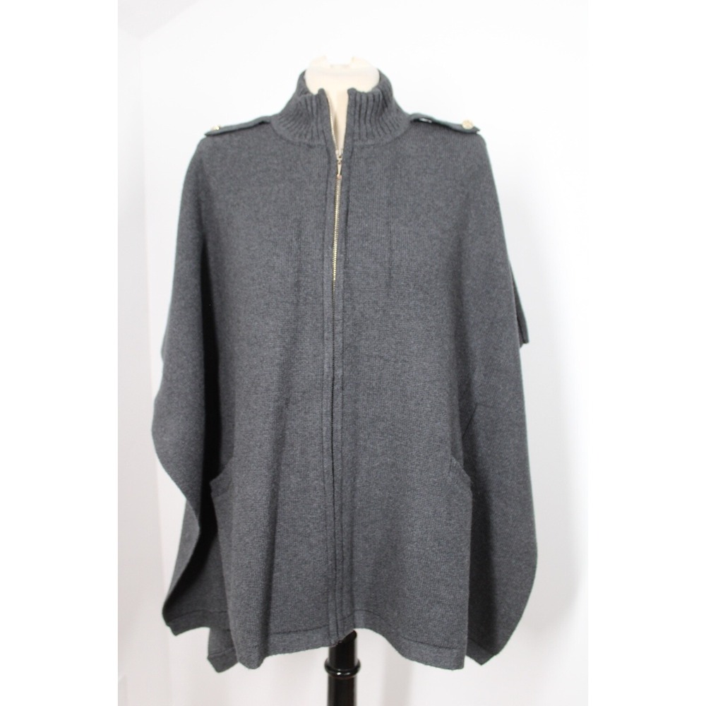 White House Black Market XS Gray Knit Cape Gold Zipper Shoulder Button Sweater